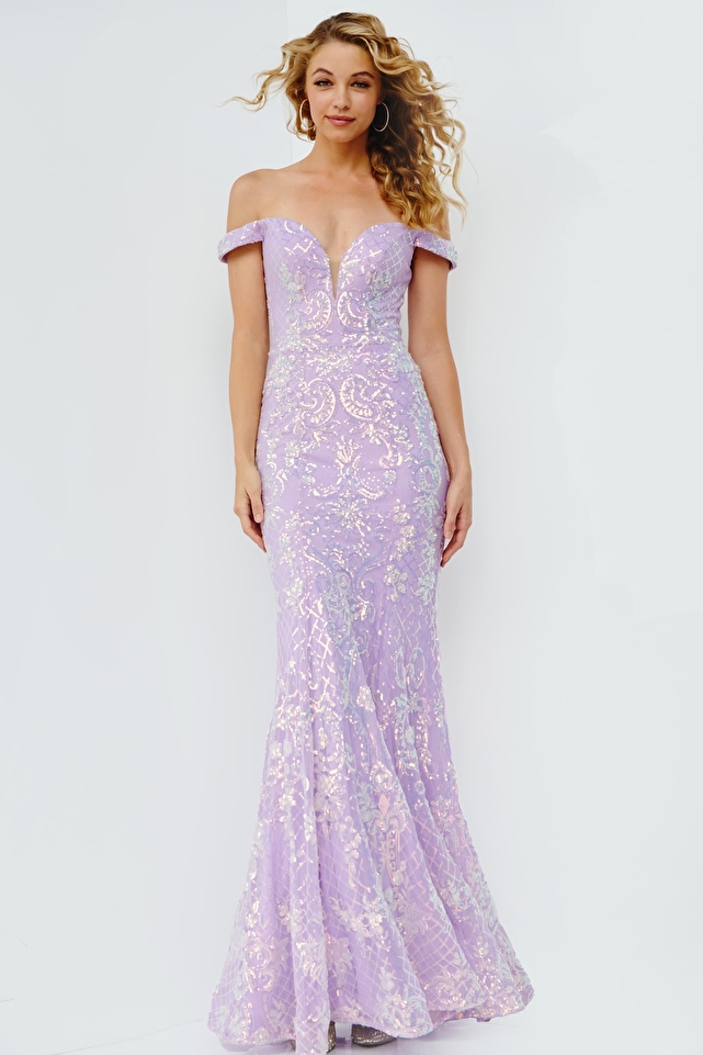 JVN04515 Lilac Embellished Off the Shoulder Prom Dress