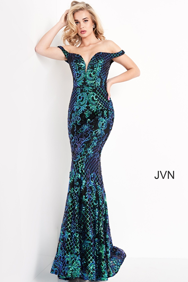 JVN04515 Black Multi Off the Shoulder Embellished Prom Dress