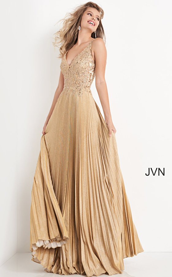 JVN04568 Gold Embellished Pleated Prom Dress