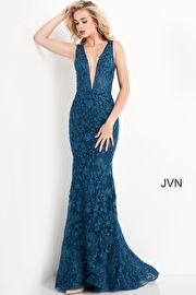 JVN04591 | Teal Sleeveless Low V Neck Prom Dress