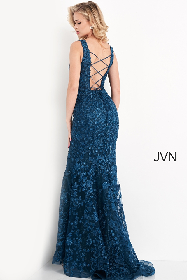 JVN04591 Teal Embroidered Plunging Neck Prom Dress