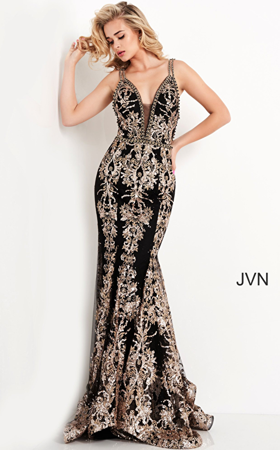 JVN04789 Black Gold Embellished Open Back Prom Dress