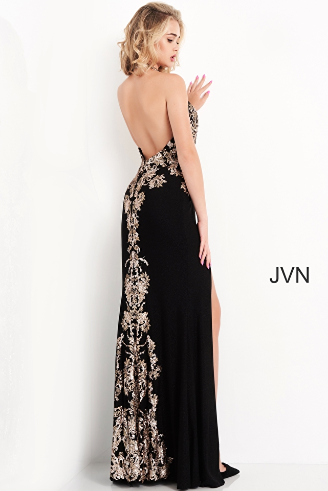 JVN04791 Black Gold Waterfall Back Prom Dress