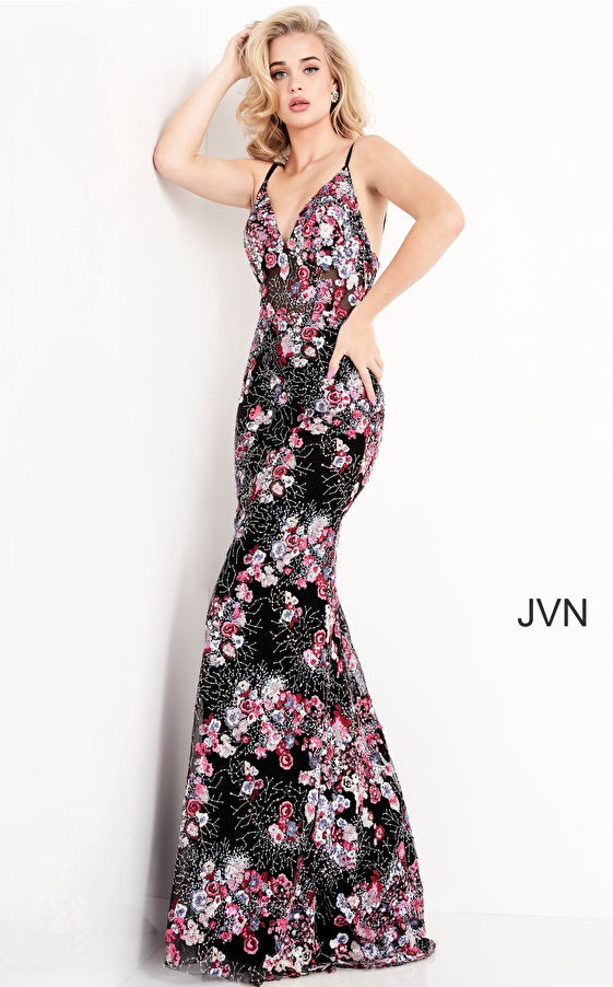 JVN05627 Multi Embroidered V Neck Prom Dress