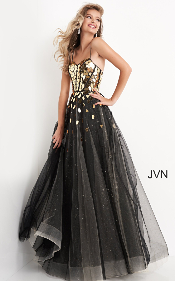 JVN05737 Black Gold Cut Glass Prom Ballgown