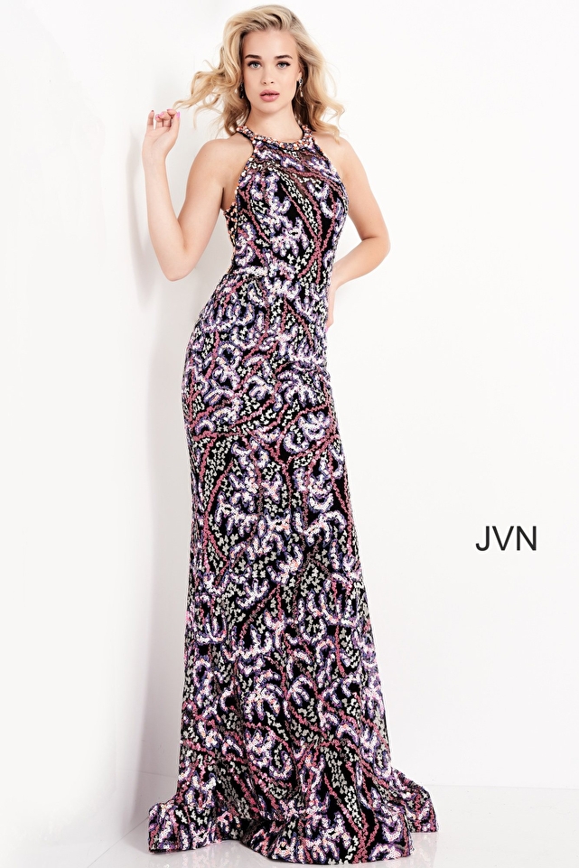 JVN05748 Multi Embellished Open Back Prom Dress