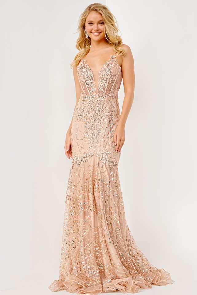 JVN05788 Champagne Sheer Corset Bodice Prom Dress