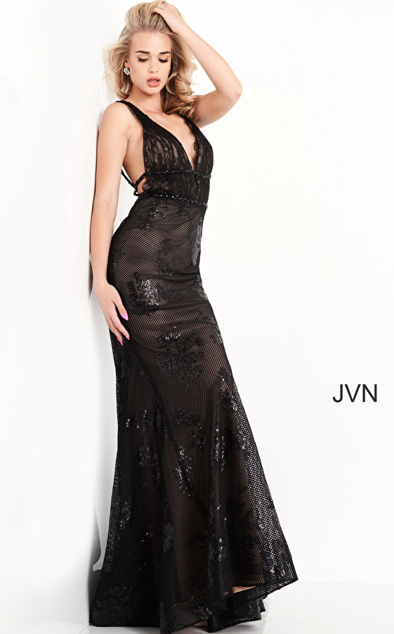 JVN05798 Black Nude Plunging Neckline Lace Prom Dress