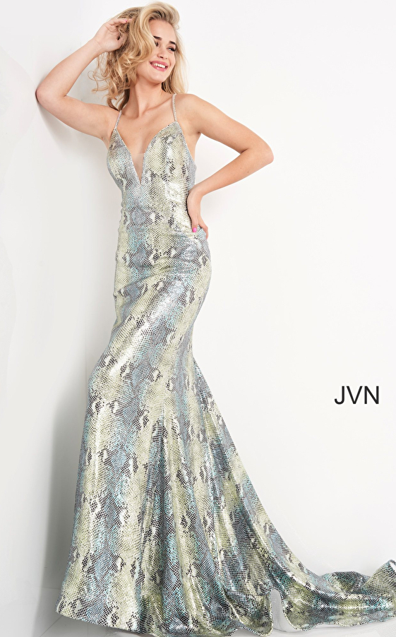 JVN05800 Blue Green Print Fitted Plunging Neck Prom Dress