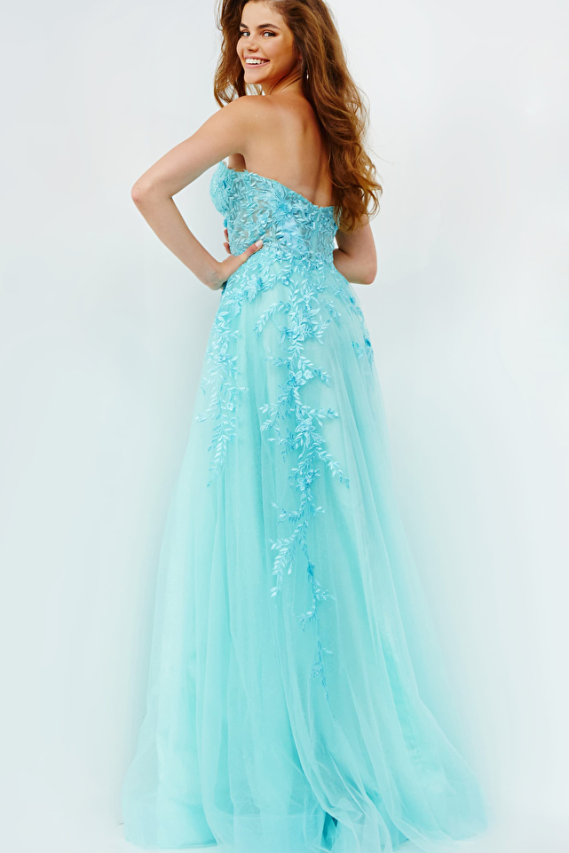 JVN05811 Turquoise High Slit Strapless Prom Gown