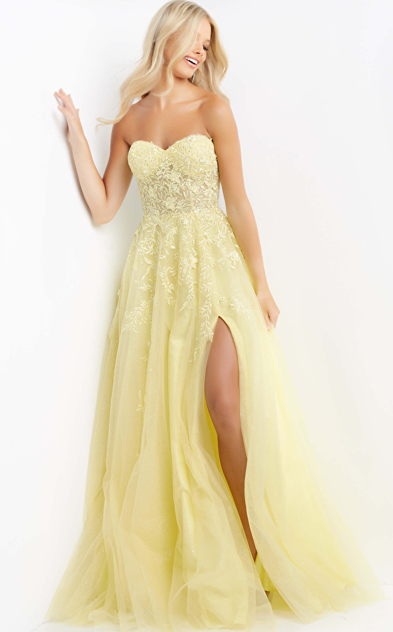 JVN05811 Yellow Strapless Lace Embroidered Prom Dress