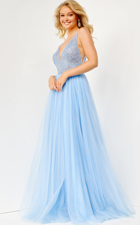 JVN05818 Light Blue Embellished V Neck Prom Dress