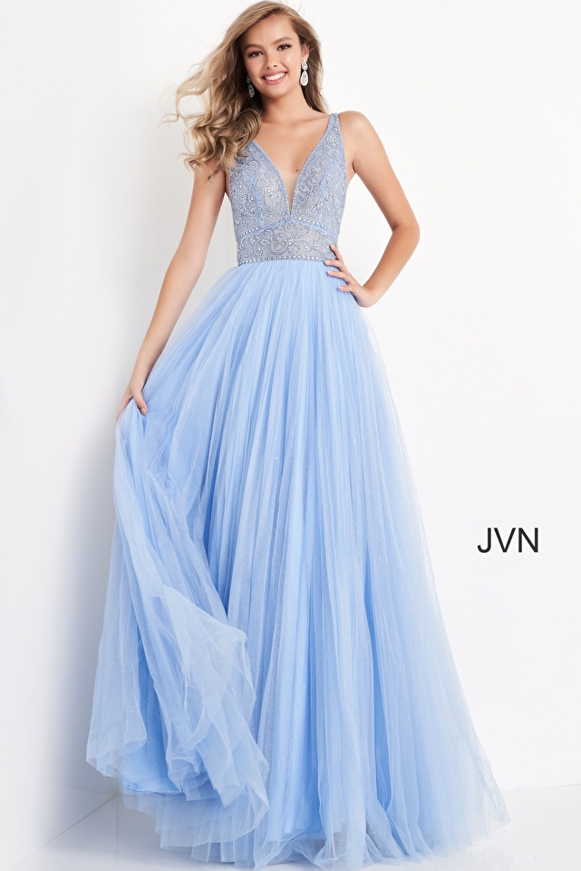 JVN05818 Light Blue V Neck Sleeveless Plus Size Prom Gown