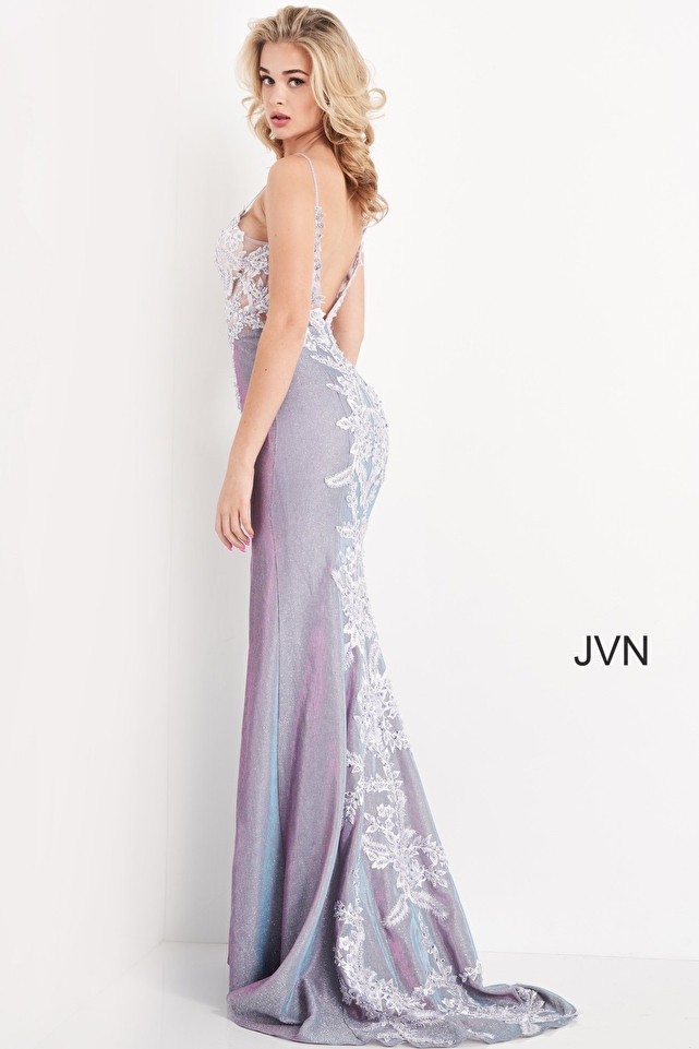 JVN06454 Lilac Embroidered Bodice Fitted Prom Dress
