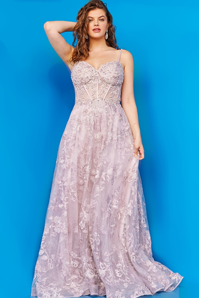 JVN06474 Lilac Embroidered A Line Plus Size Prom Gown