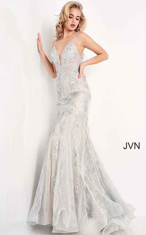 JVN06475 Blue Plunging Neckline Prom Dress