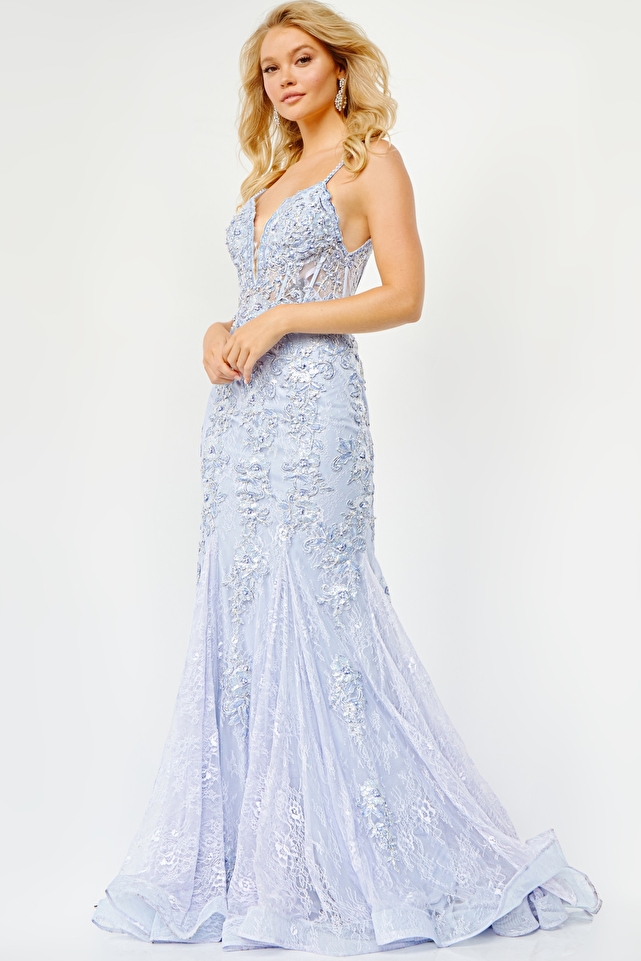 JVN06475 Blue Plunging Neckline Prom Dress
