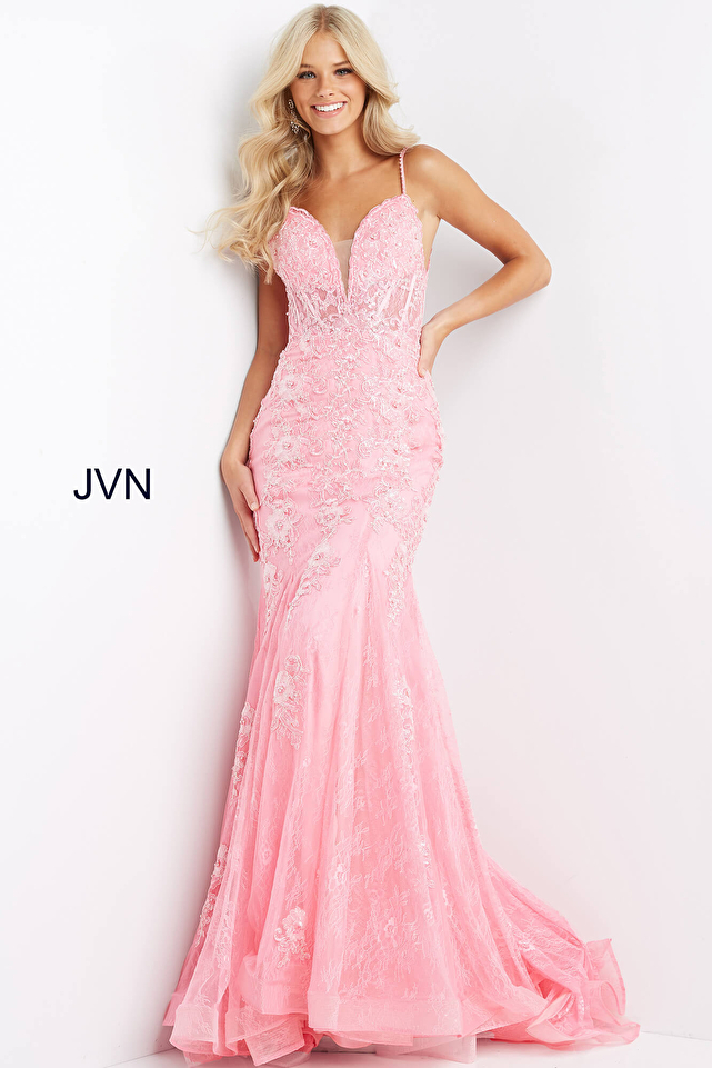 Pink Floral Applique V Neckline Prom Dress JVN06475