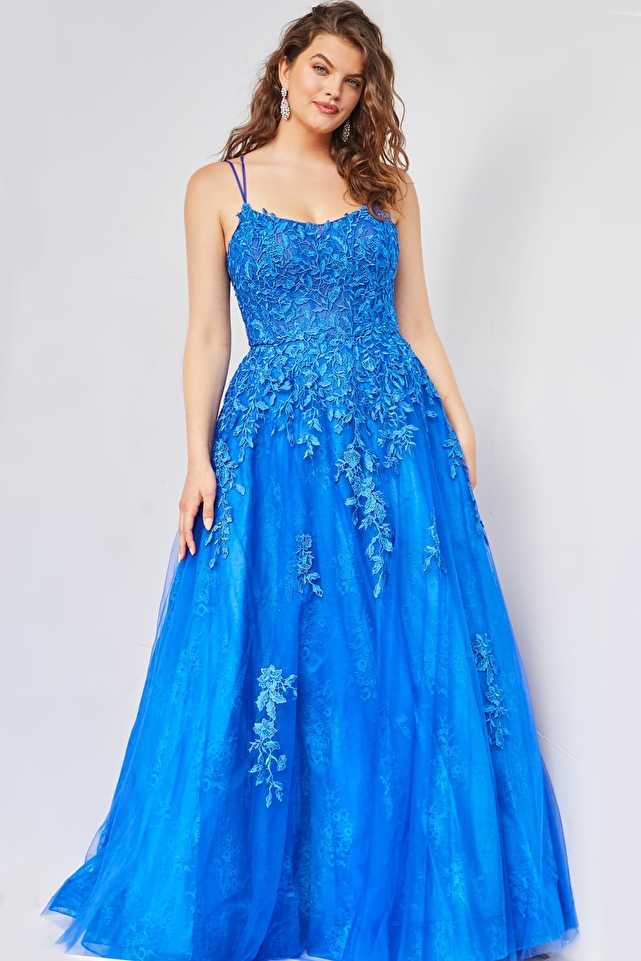 JVN06644 Light Blue Spaghetti Strap Embroidered Prom Gown