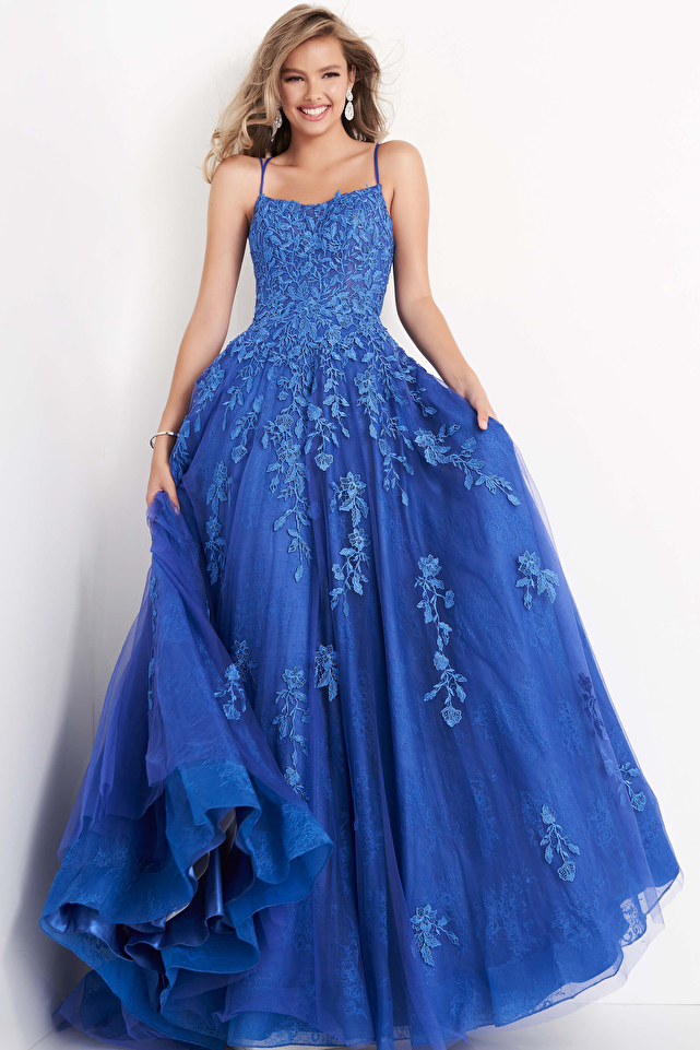 JVN06644 | Royal Tie Back Embroidered Prom Ballgown