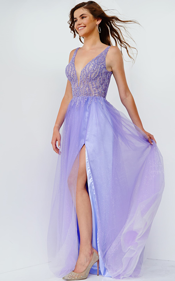 JVN07387 Purple Embellished Bodice Tulle Prom Dress