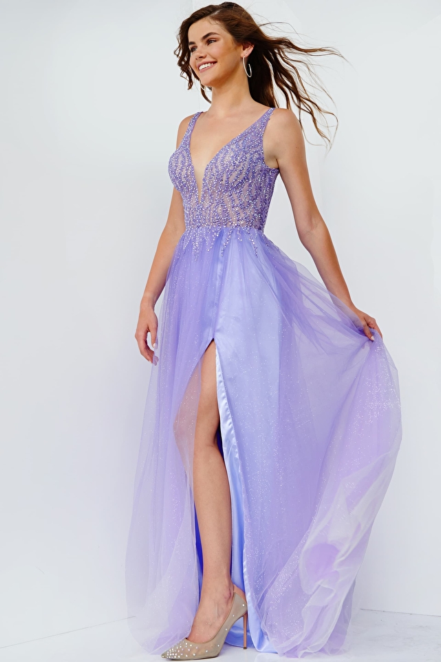 JVN07387 Purple Embellished Bodice Tulle Prom Dress