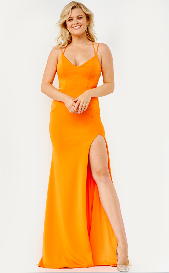 JVN07402 Orange Tie Back High Slit Plus Size Prom Dress