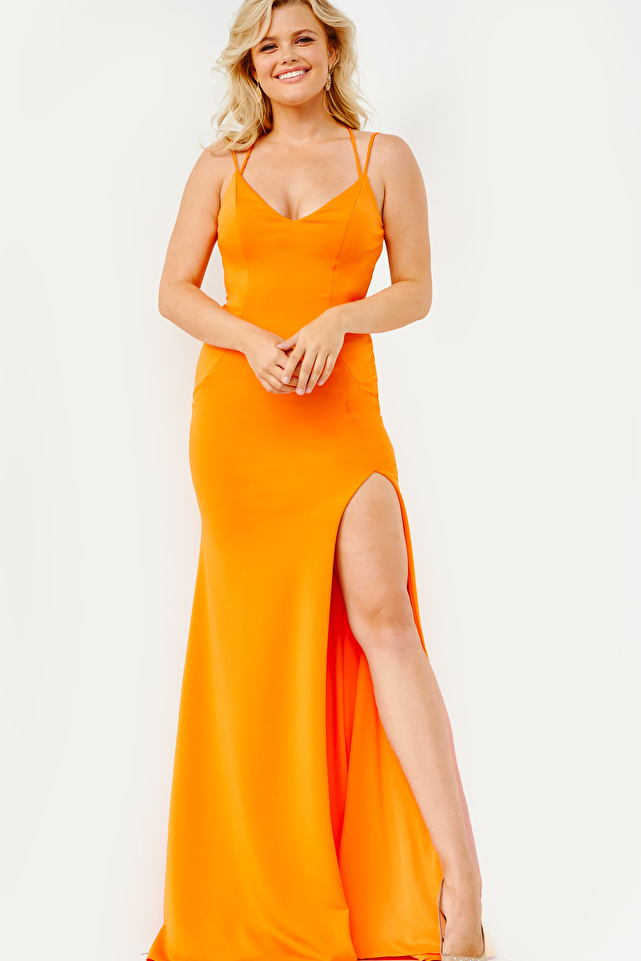 JVN07402 Orange Tie Back High Slit Plus Size Prom Dress