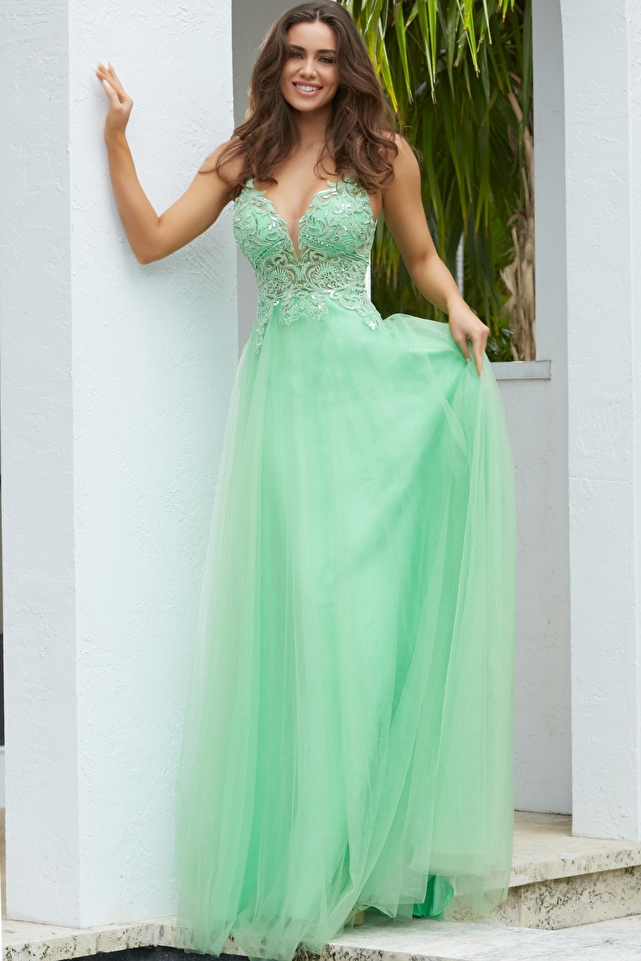 JVN07595 Lime Illusion Bodice Tulle Prom Gown