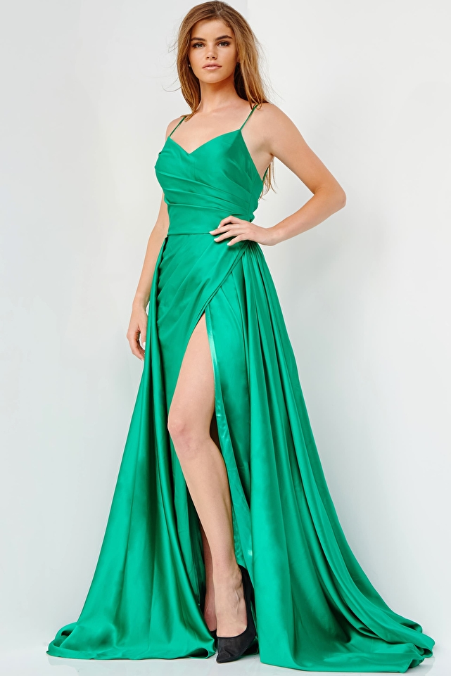 JVN07800 Emerald Pleated Bodice Satin Prom Gown
