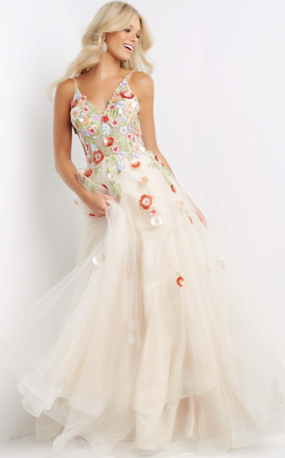 JVN08082 Nude Floral Appliques A Line Prom Gown