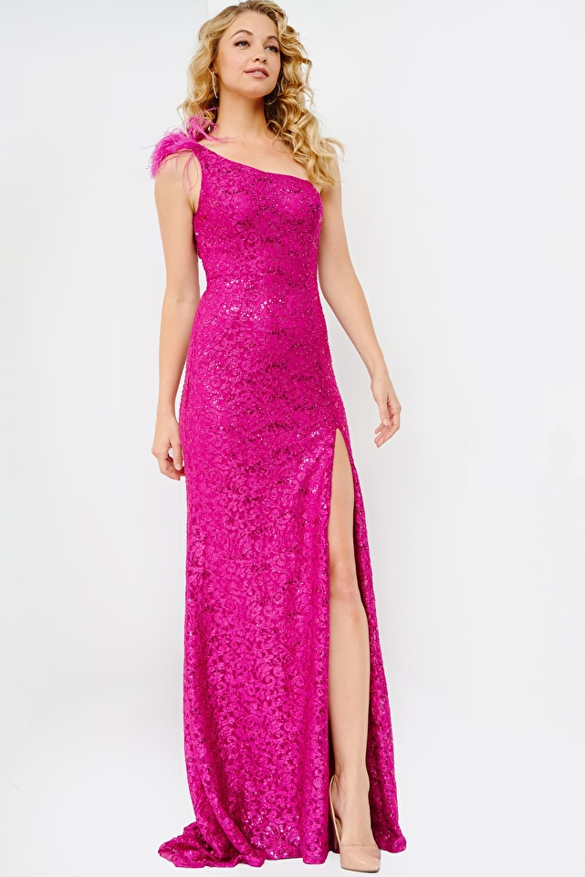 JVN08175 Fuchsia One Shoulder Lace Sheath Prom Dress