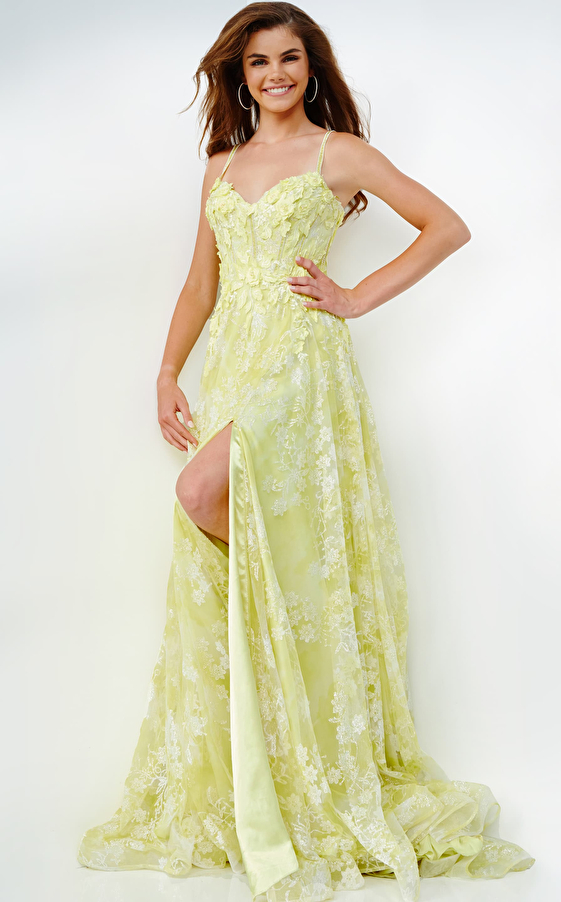 JVN08416 Yellow Floral Bodice Prom Dress 