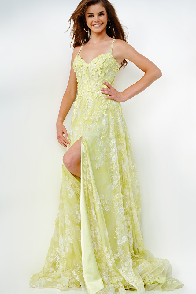 JVN08416 Yellow Floral Bodice Prom Dress 