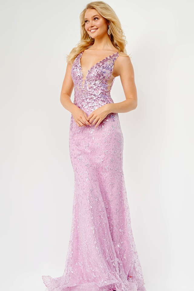 JVN08418 | Fuchsia Long Sheath Plunging Neckline Prom Dress