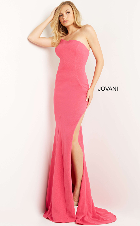 JVN08463 Fuchsia Asymmetric Neckline Strapless Prom Dress