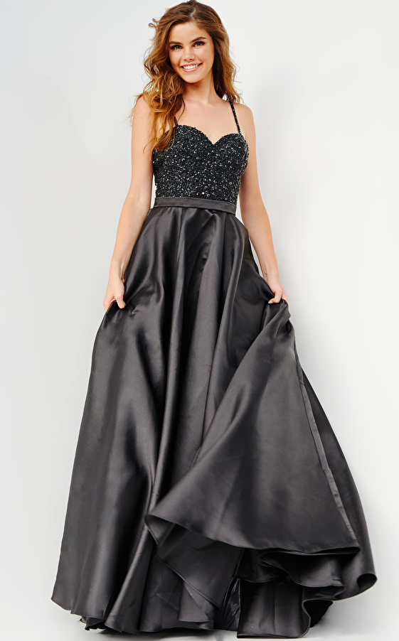 JVN08475 Black A Line Embellished Bodice Prom Gown