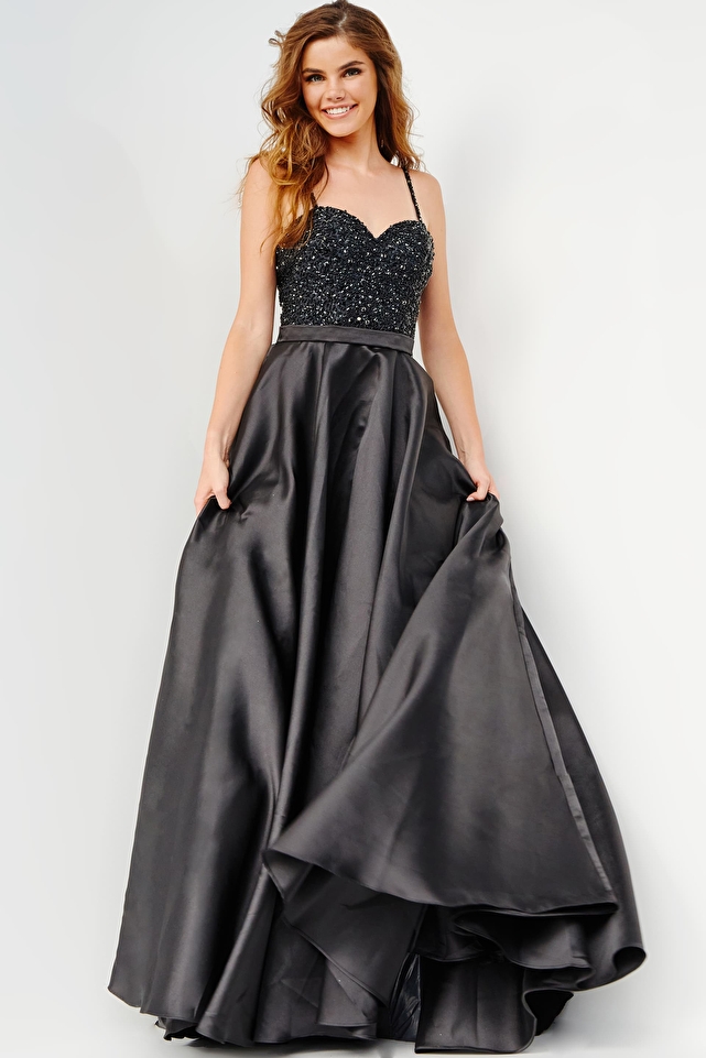 JVN08475 Black A Line Embellished Bodice Prom Gown