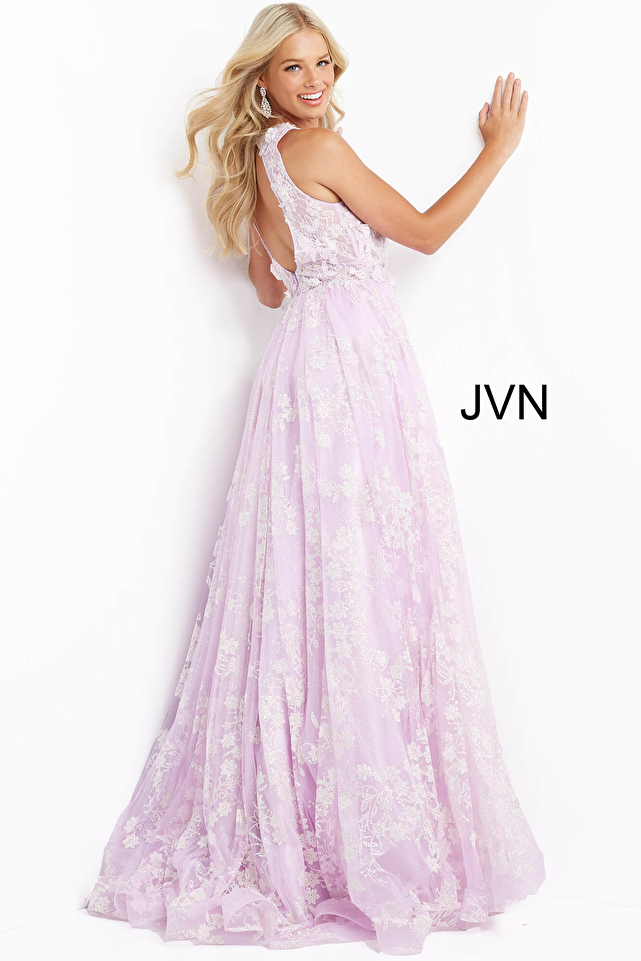 JVN08567 | Pink Floral Embellished Sleeveless Maxi Prom Dress