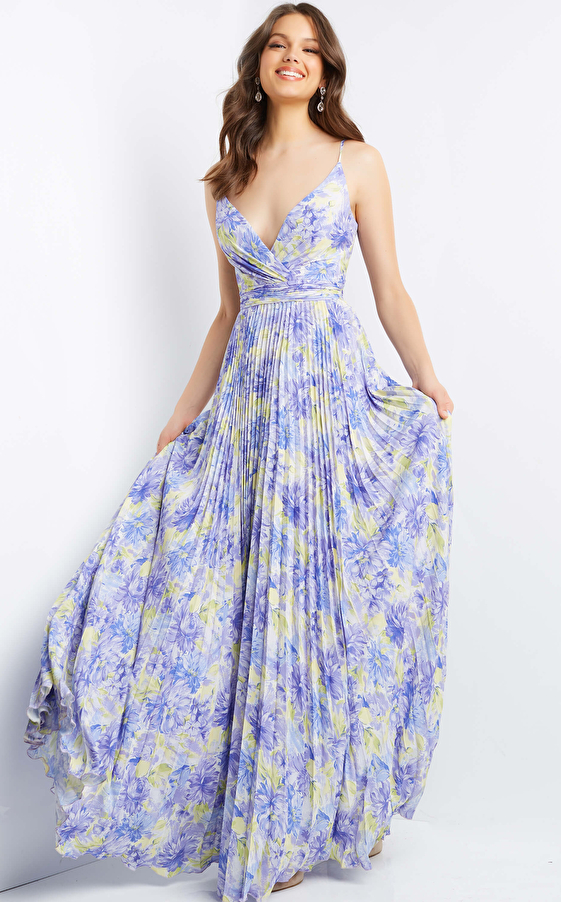 JVN08491 Lilac Print Pleated Maxi Prom Dress