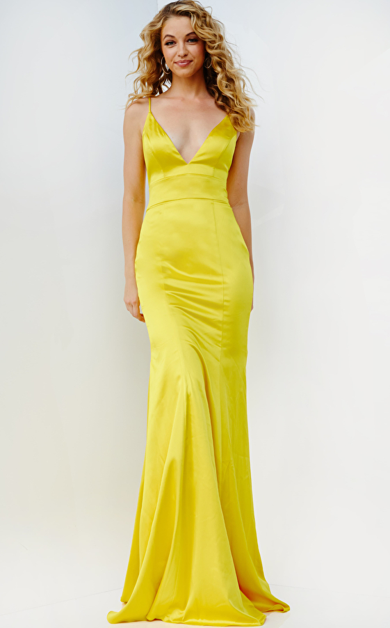 JVN08595 Yellow Simple Backless Satin Prom Dress