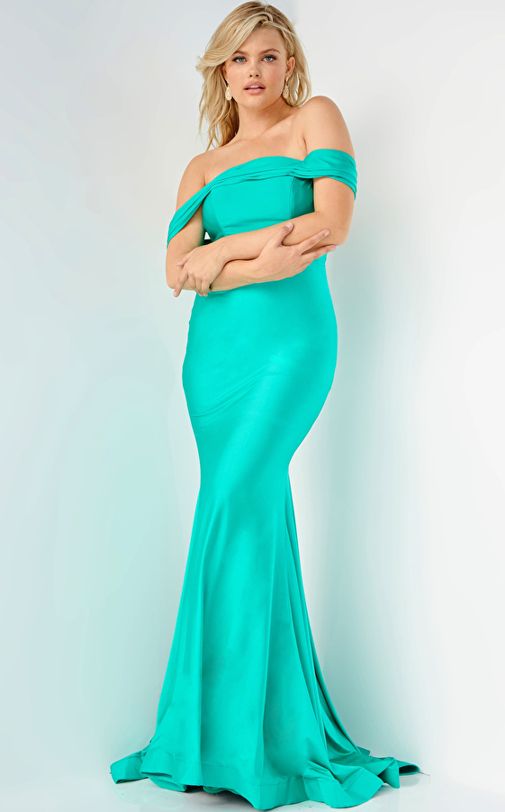 JVN08641 Green Off the Shoulder Sheath Plus Size Prom Dress