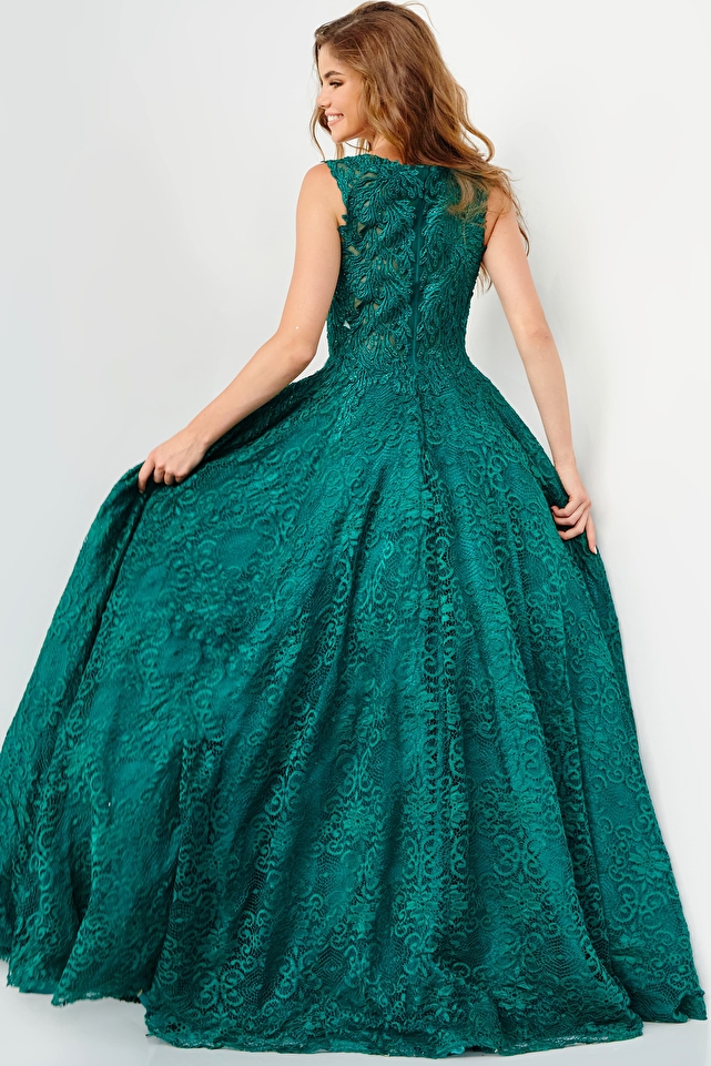 JVN09555 Emerald Lace Embellished Plus Size Prom Ballgown