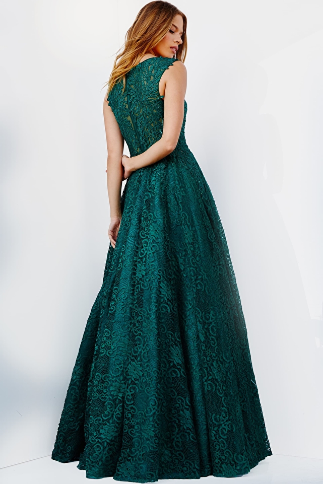 JVN09555 Emerald Plunging Neck Lace Prom Ballgown
