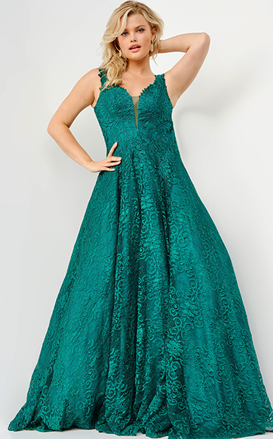 JVN09555 Emerald Lace Embellished Plus Size Prom Ballgown