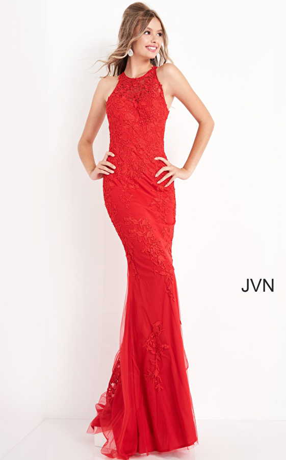 JVN1289 Red Embroidered Sheer Neck Evening Dress 
