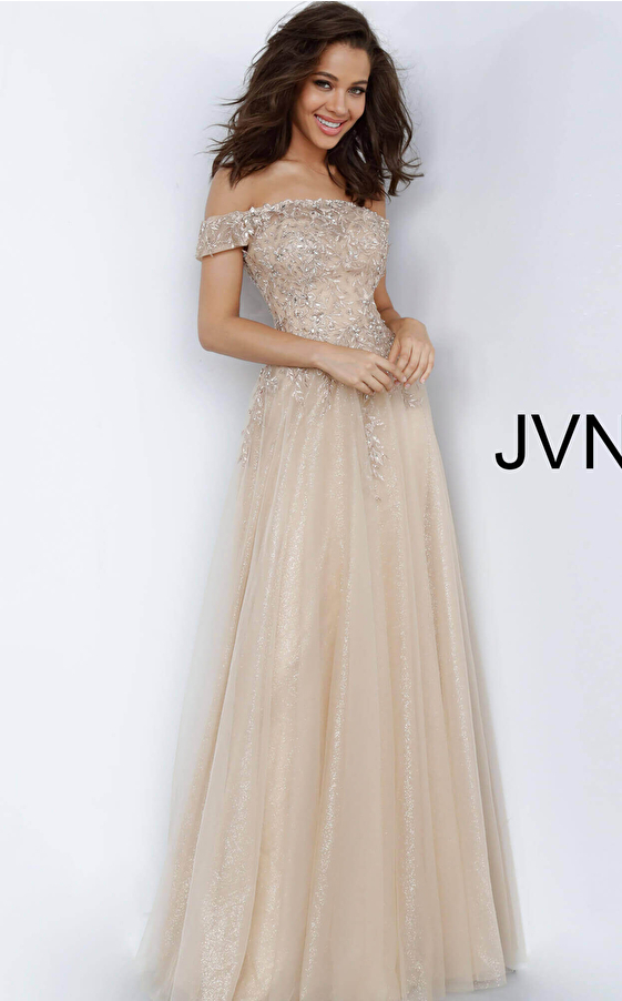 JVN2004 Gold Off the Shoulder Embroidered Evening Dress