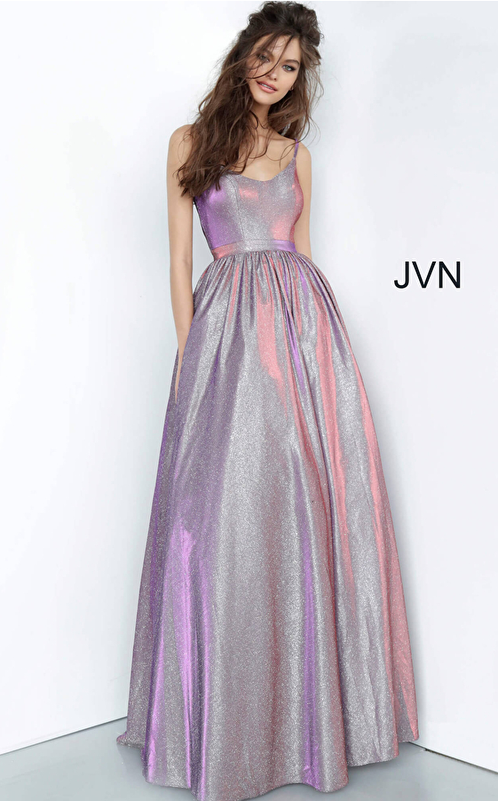 JVN2191 Purple Metallic Scoop Neckline Prom Ballgown 