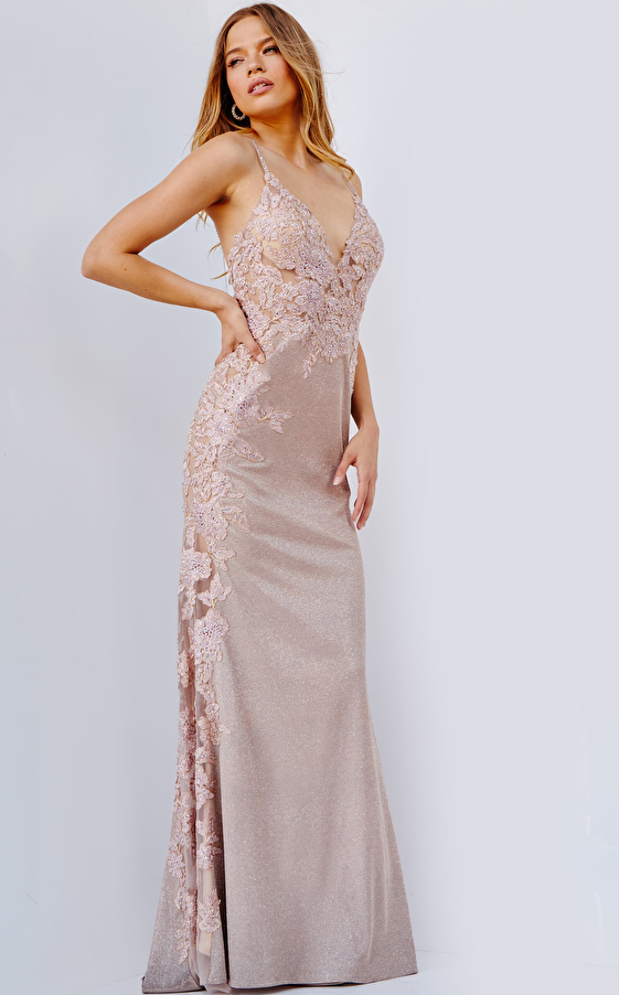 JVN2205 Nude Fitted Embroidered Prom Dress