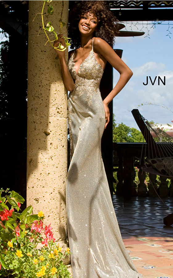 JVN2205 Spaghetti Straps V Neck Prom Dress 